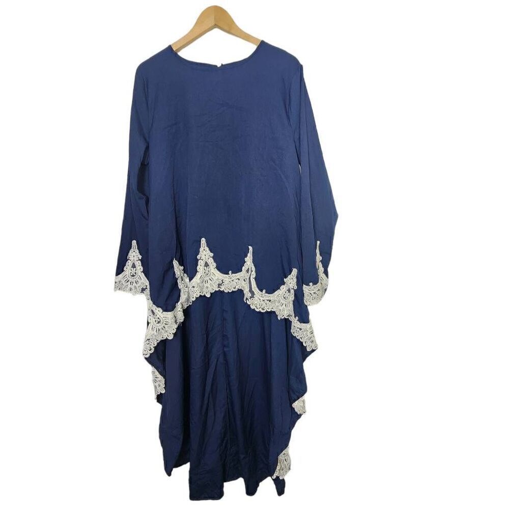 Boutique high low tunic house blue lace trim long sleeve Size XL